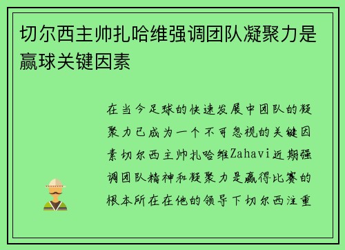 切尔西主帅扎哈维强调团队凝聚力是赢球关键因素
